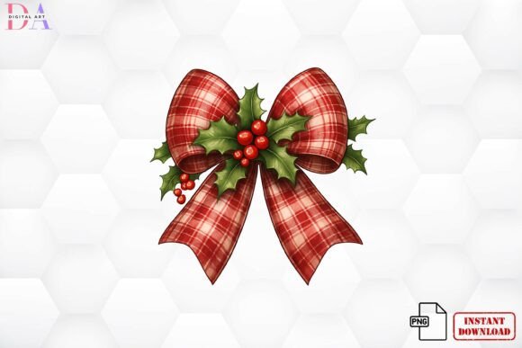 Download Red Plaid Christmas Bow Holly PNG - Premium Bundle